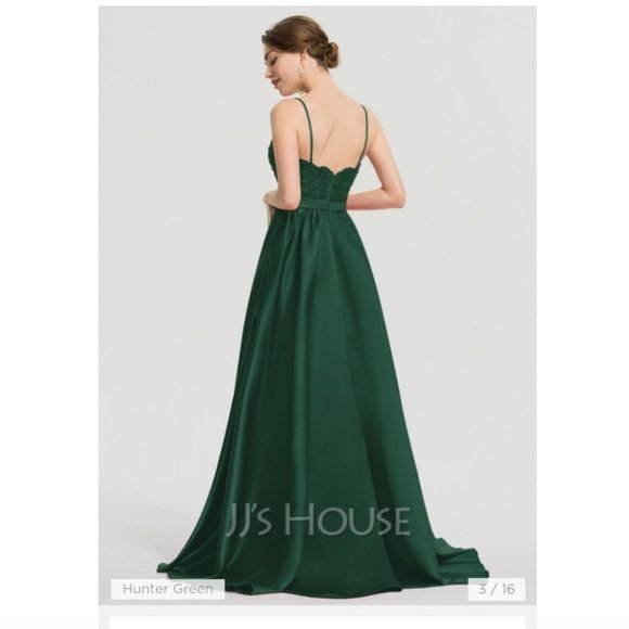 JJ'sHouse Maxi Satin Prom Dress with rhinestone sash and lace bodice - Picture 3 of 11